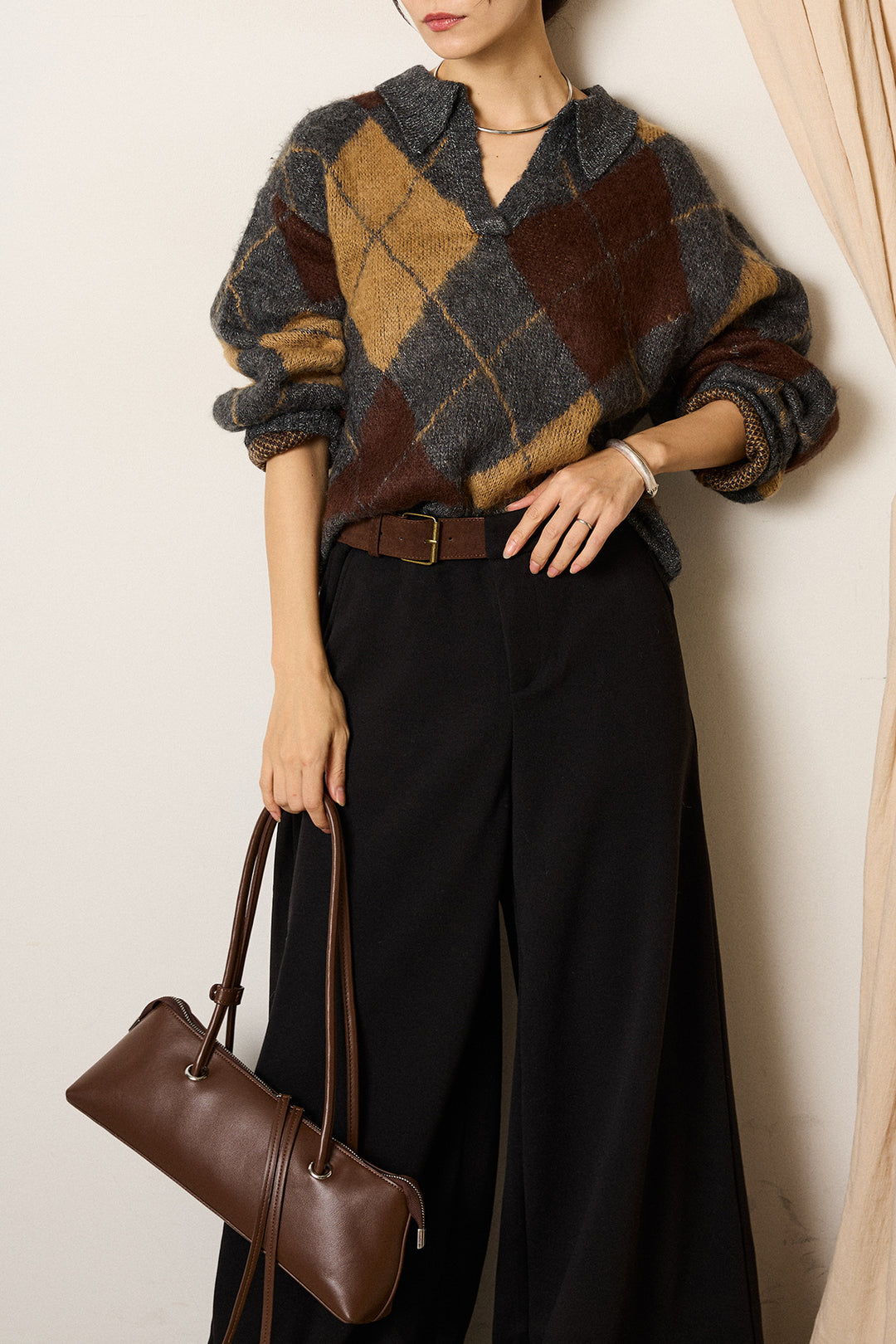 [SET]アクリルモヘアアーガイルキーネックプルオーバー+サイドベルトパンツ(2set)