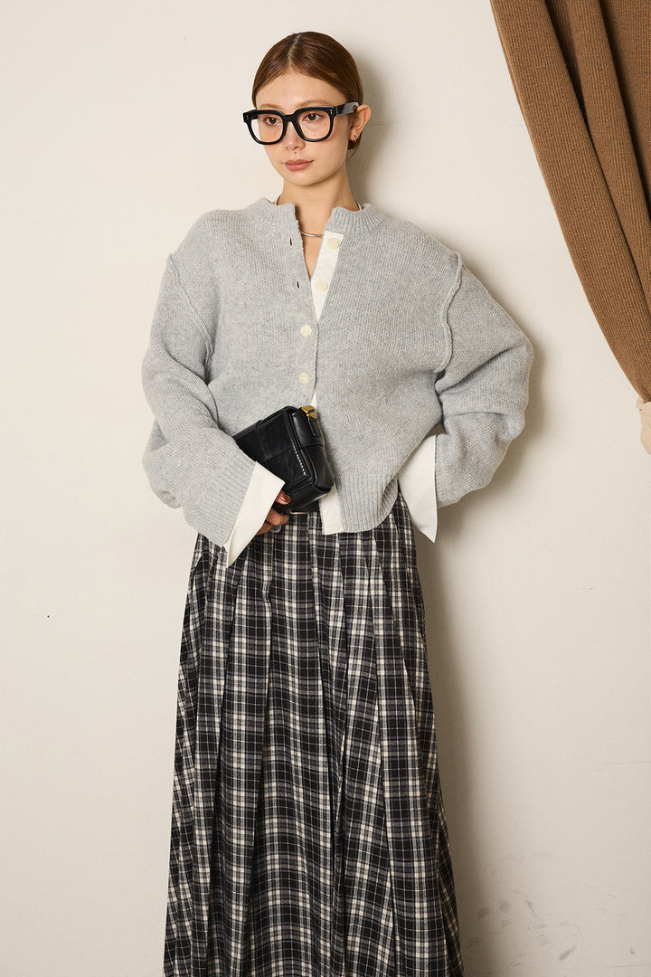 [SET]シャツドッキングニットカーディガン+ベルト付きタータンチェックプリーツスカート(2set)