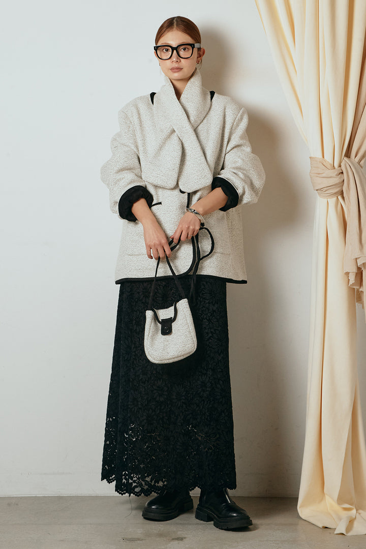 [SET]ノーカラーマフラーバッグ付きアウター+花柄刺繍ベロアフレアスカート(2set)