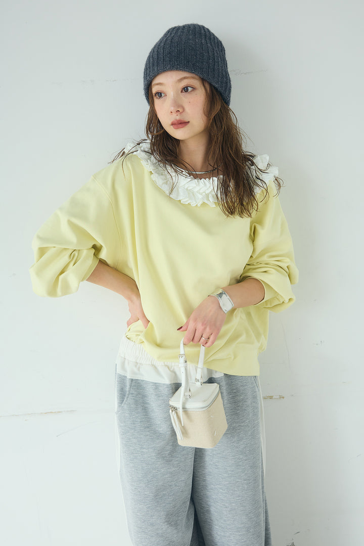 [SET]ネックギャザーフリルスウェット+異素材切り替えスウェットパンツ(2set)