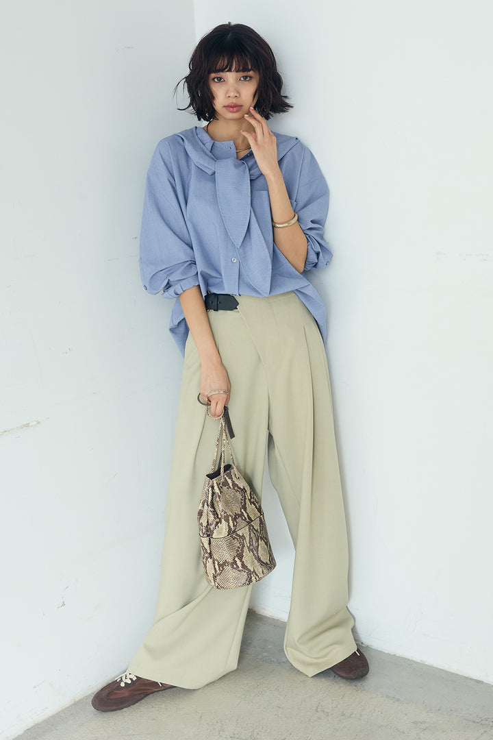 [SET]無地タイ付フーディーBIGシャツ+サイドベルトタック入りスラックス(2set)