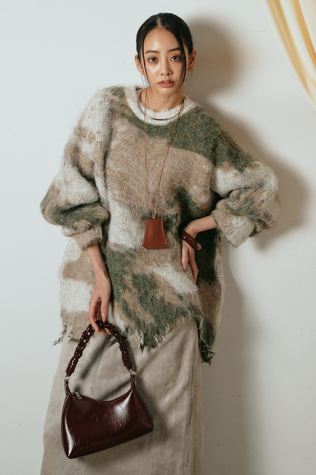 [SET]起毛裾デザインニュアンス柄ニットトップス+エコスウェードワイドスカート(2set)