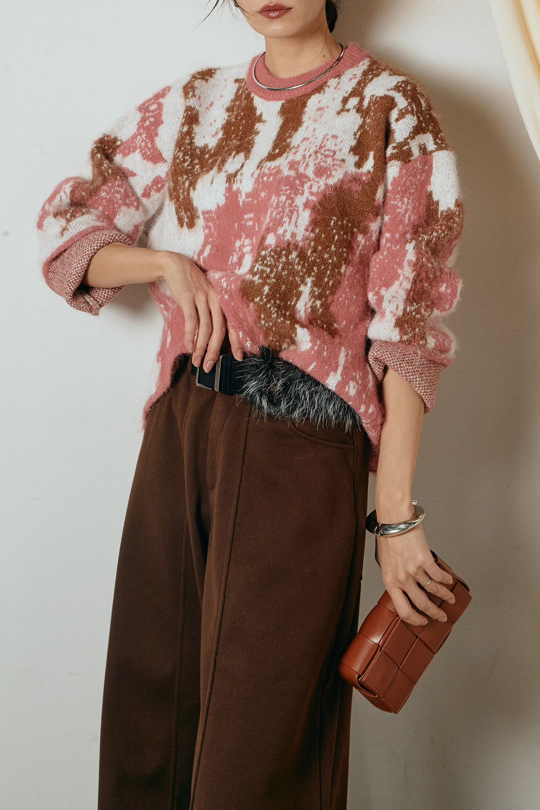 [SET]起毛ニュアンス柄ニットプルオーバー+ファーベルト付きワイドパンツ(2set)