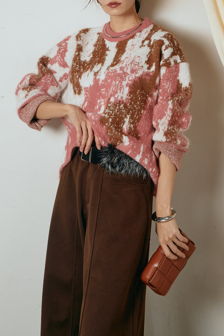 [SET]起毛ニュアンス柄ニットプルオーバー+ファーベルト付きワイドパンツ(2set)