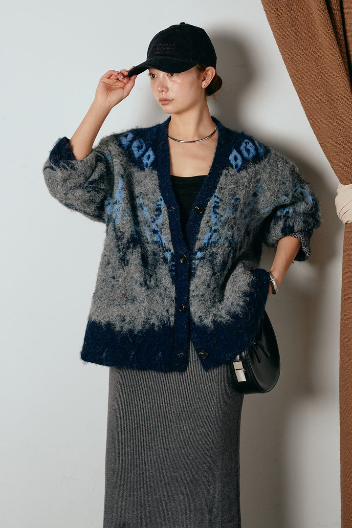 [SET]シャギーニュアンス柄ニットカーディガン+リブナローニットスカート(2set)