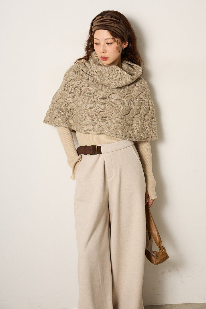 [SET]ケーブル編みケープレイヤードニット+サイドベルトパンツ(2set)