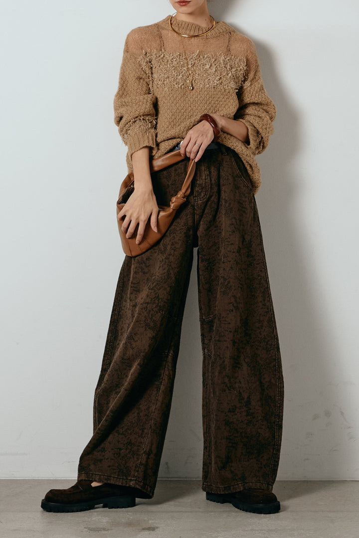 [SET]パターンランダム編みニットトップス+ベルト付きニュアンス柄カーブワイドパンツ(2set)