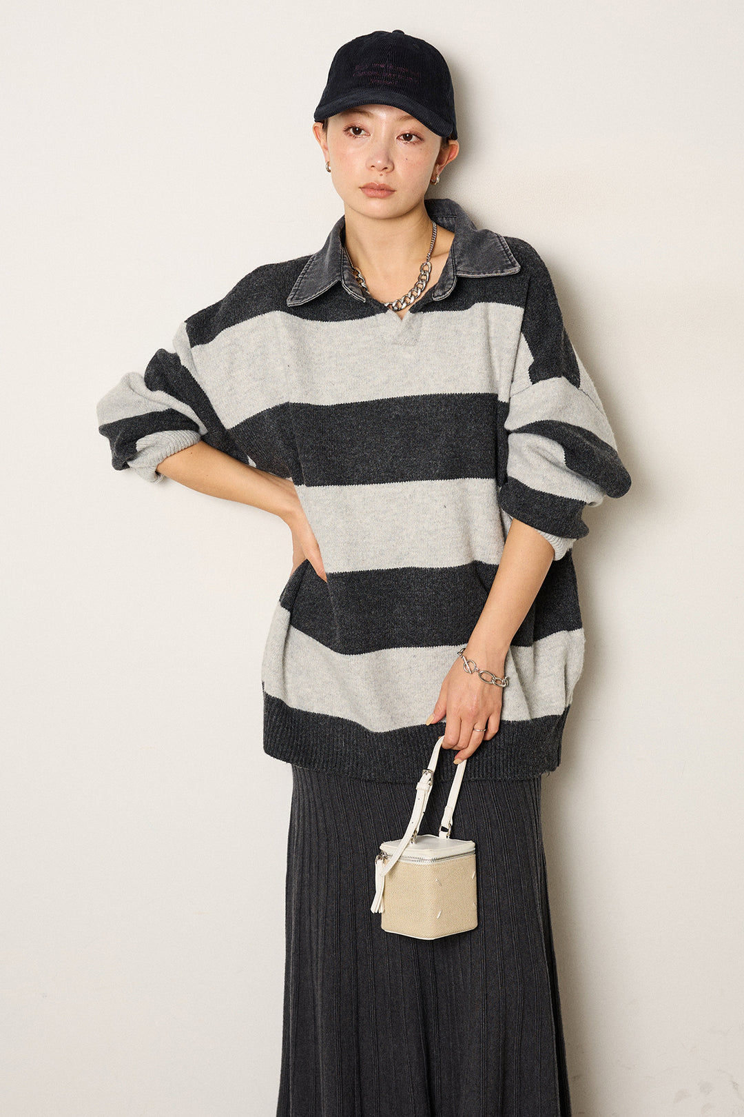 [SET]デニムカラーボーダールーズニット+編み地切り替えフレアニットスカート(2set)