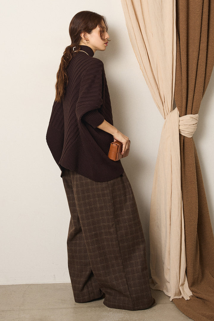 [SET]アシメデザインリブポンチョニットトップス+ウールライクチェックタックパンツ(2set)