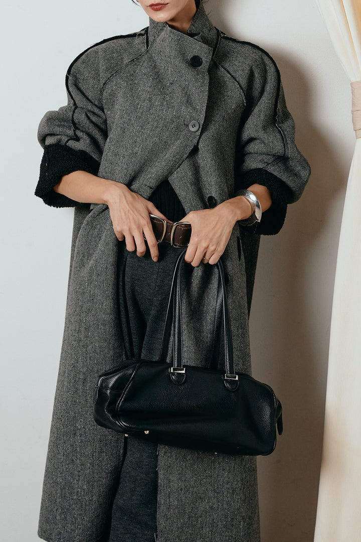 [SET]裏地ボアハイネックロングアウター+フェイクレザー太ベルト付きタックワイドパンツ(2set)