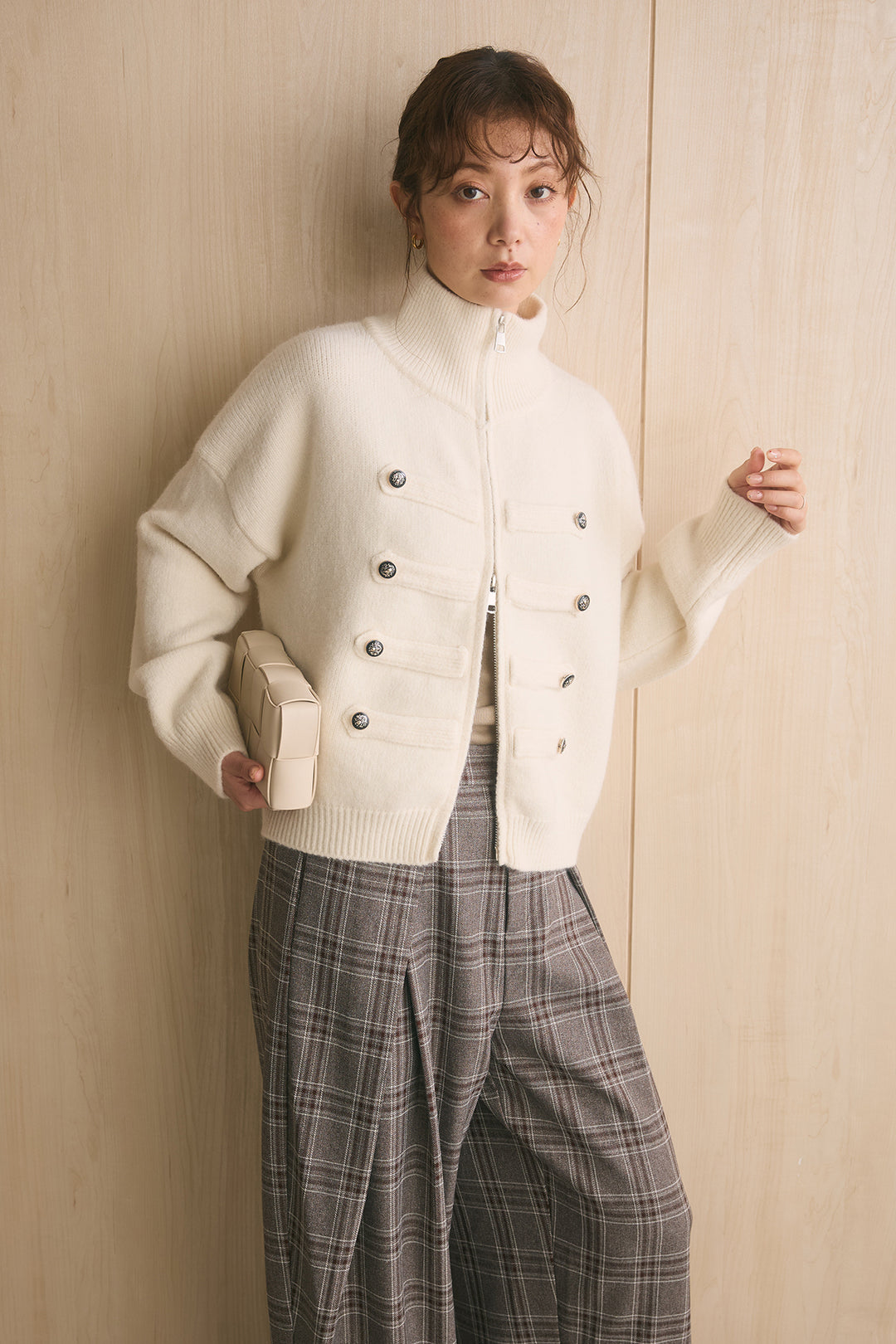 [SET]ナポレオンボタンハイネックニットブルゾン+ブリティッシュチェックバレルパンツ(2set)