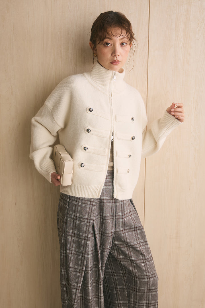 [SET]ナポレオンボタンハイネックニットブルゾン+ブリティッシュチェックバレルパンツ(2set)