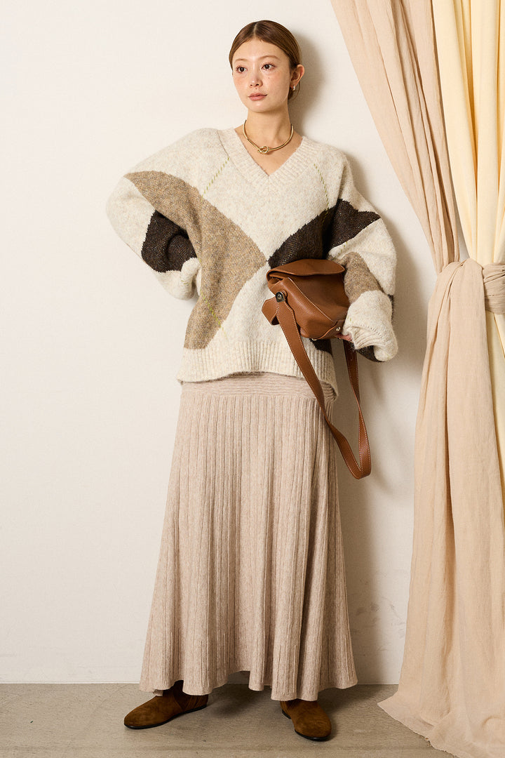[SET]ルーズアーガイルVネックニット+編み地切り替えフレアニットスカート(2set)