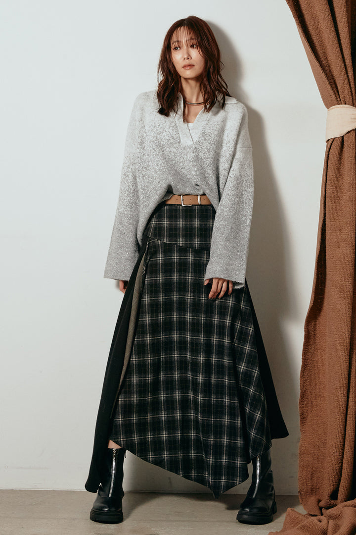 [SET]グラデーションラメニットキーネックプルオーバー+フェイクレザーベルト付き切り替えタータンチェックスカート(2set)