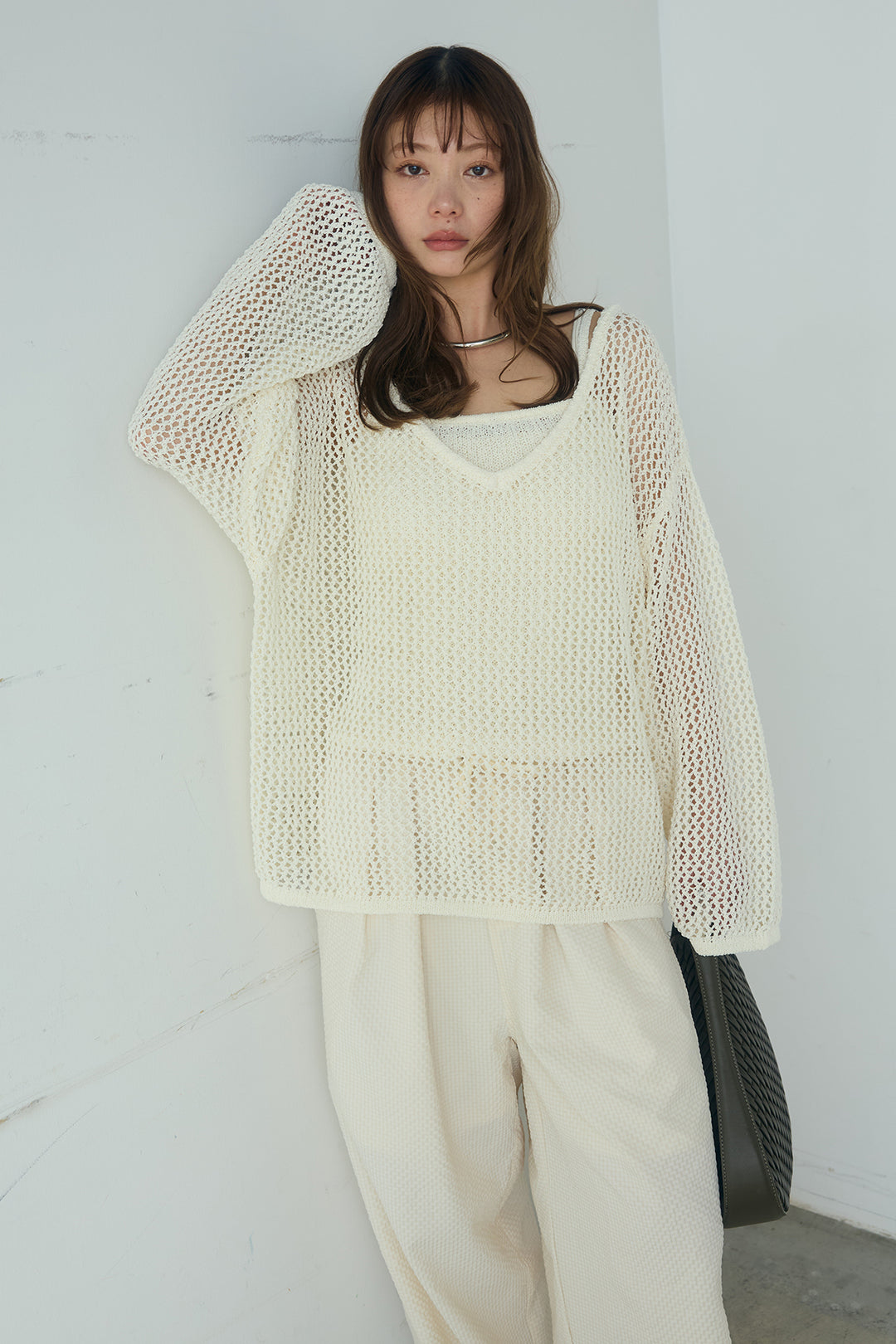 [SET]メッシュ編みビスチェセットVネックプルオーバー+シアサッカーイージーパンツ(2set)