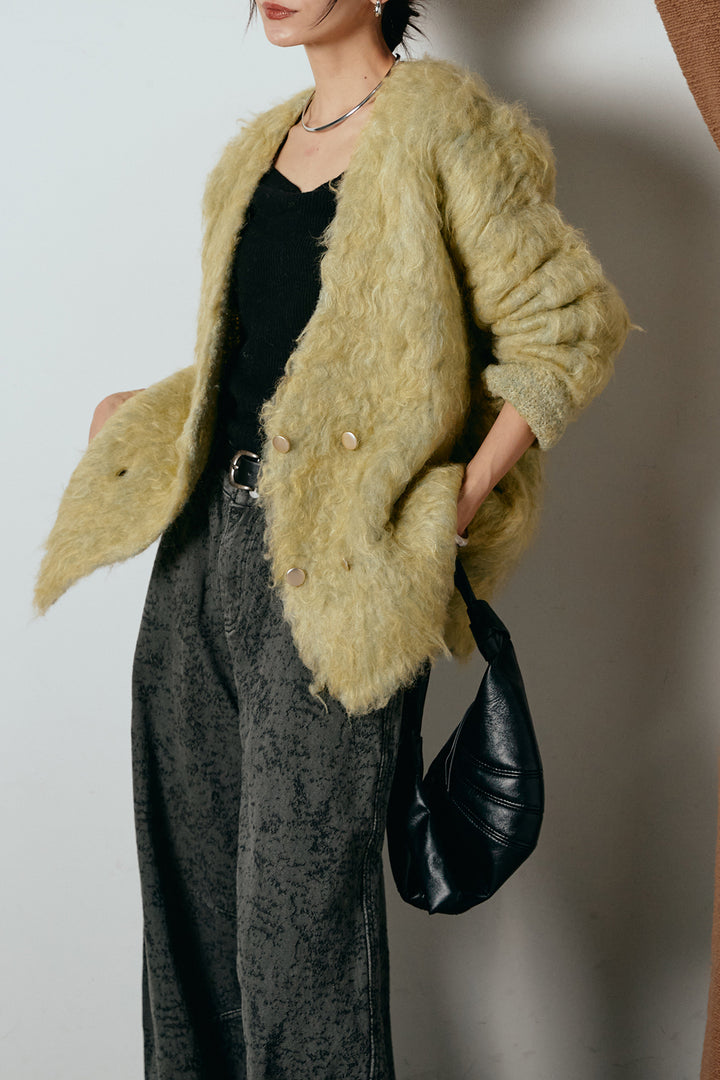 [SET]ウェーブシャギーニットジャケット+ベルト付きニュアンス柄カーブワイドパンツ(2set)