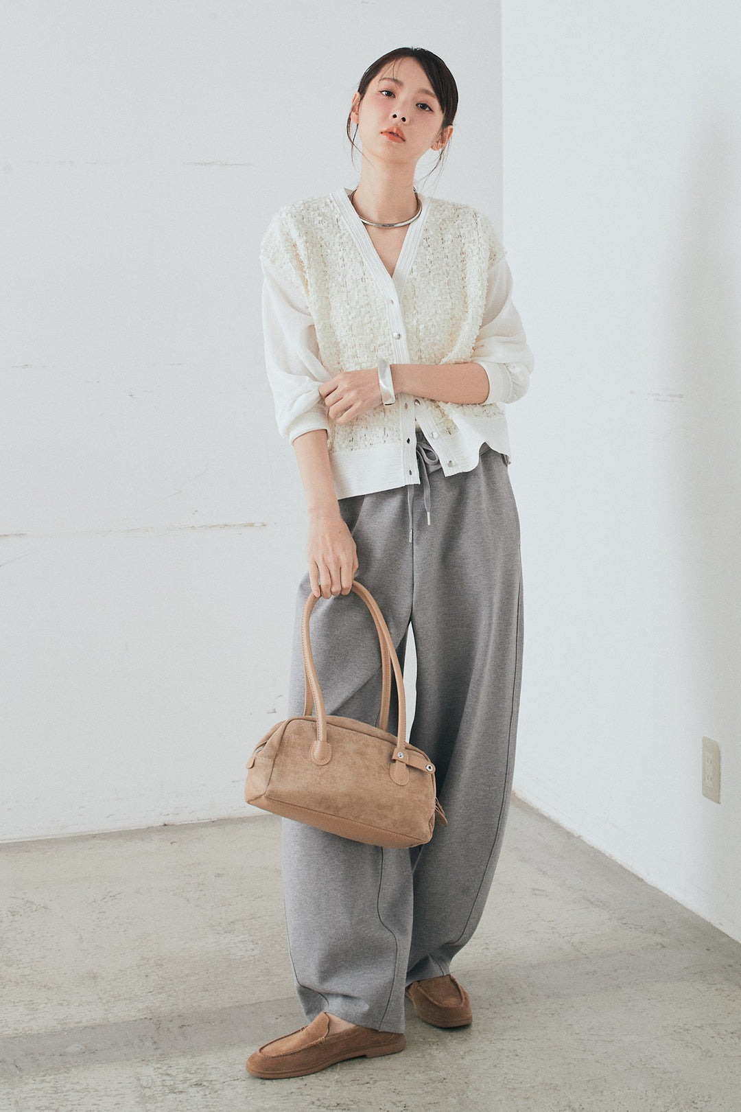 [SET]モコレースVネックカーディガン+カットダンボールウエストフリルカーブパンツ(2set)