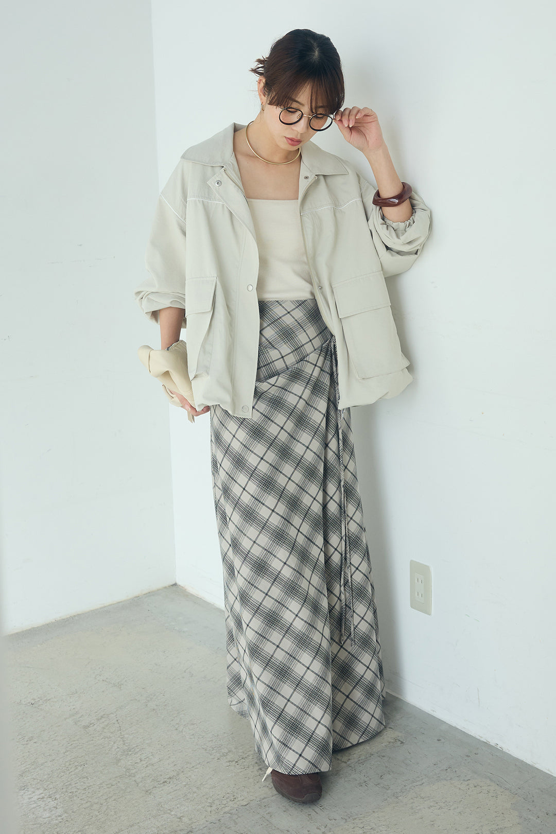 [SET]合繊ツイルバルーンジャケット+タータンチェック柄フロントデザインスカート(2set)