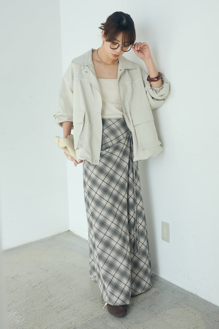 [SET]合繊ツイルバルーンジャケット+タータンチェック柄フロントデザインスカート(2set)