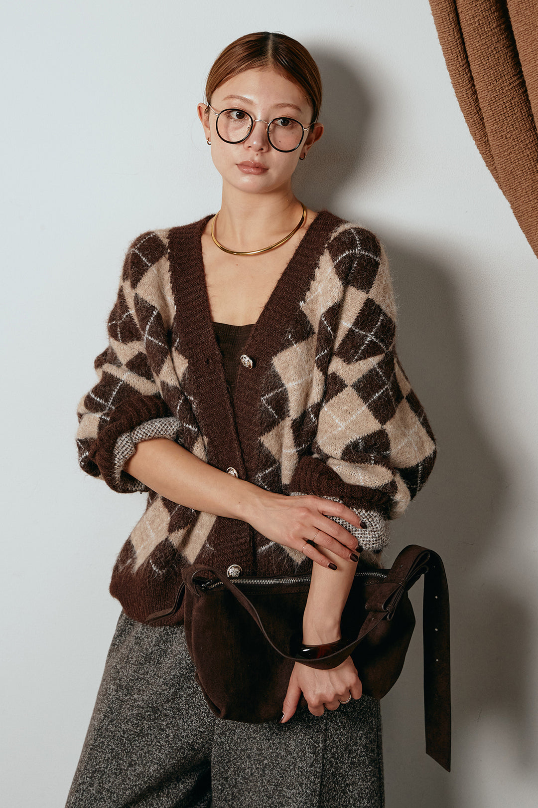 [SET]オーバーサイズ総柄Vネックニットカーディガン+杢ニットフレアパンツ(2set)