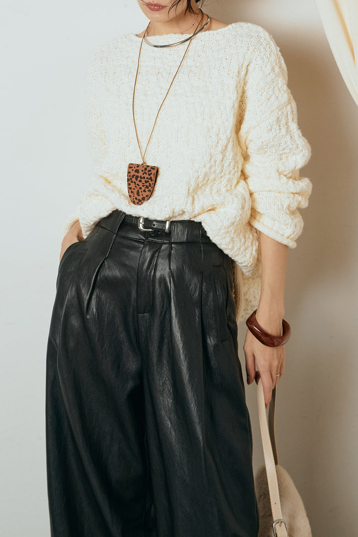 [SET]ボリューム編みニットプルオーバー+ベルト付きレザーライクタックパンツ(2set)