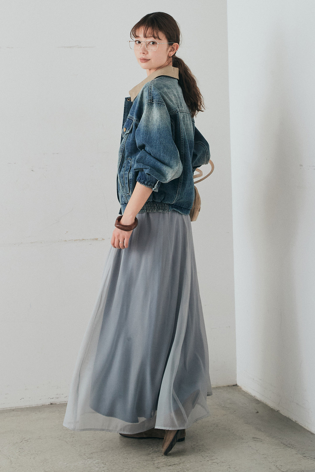 [SET]襟切り替えジップデニムジャケット+リラックスシアーフレアスカート(2set)