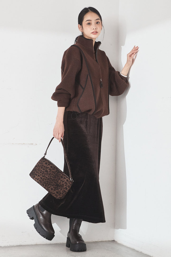 [SET]ハイネックパイピングデザインブルゾン+ベロアバレエネックワンピース(2set)