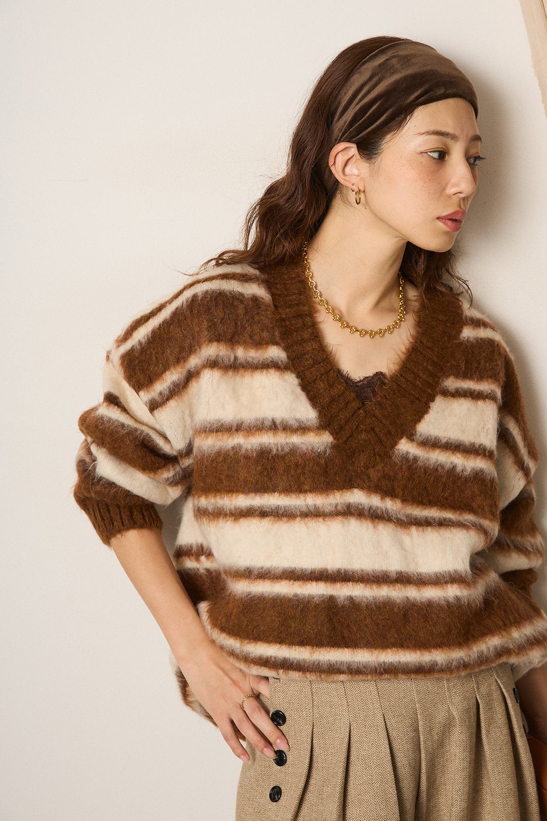 [SET]ルーズVネックボーダーニットトップス+サイドボタンツイードタックパンツ(2set)