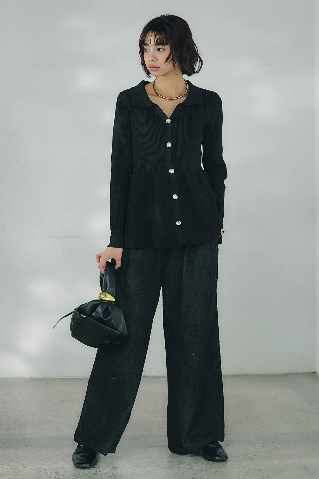 [SET]スキッパーペプラムニット+デニムライクヘリンボーンタックパンツ(2set)