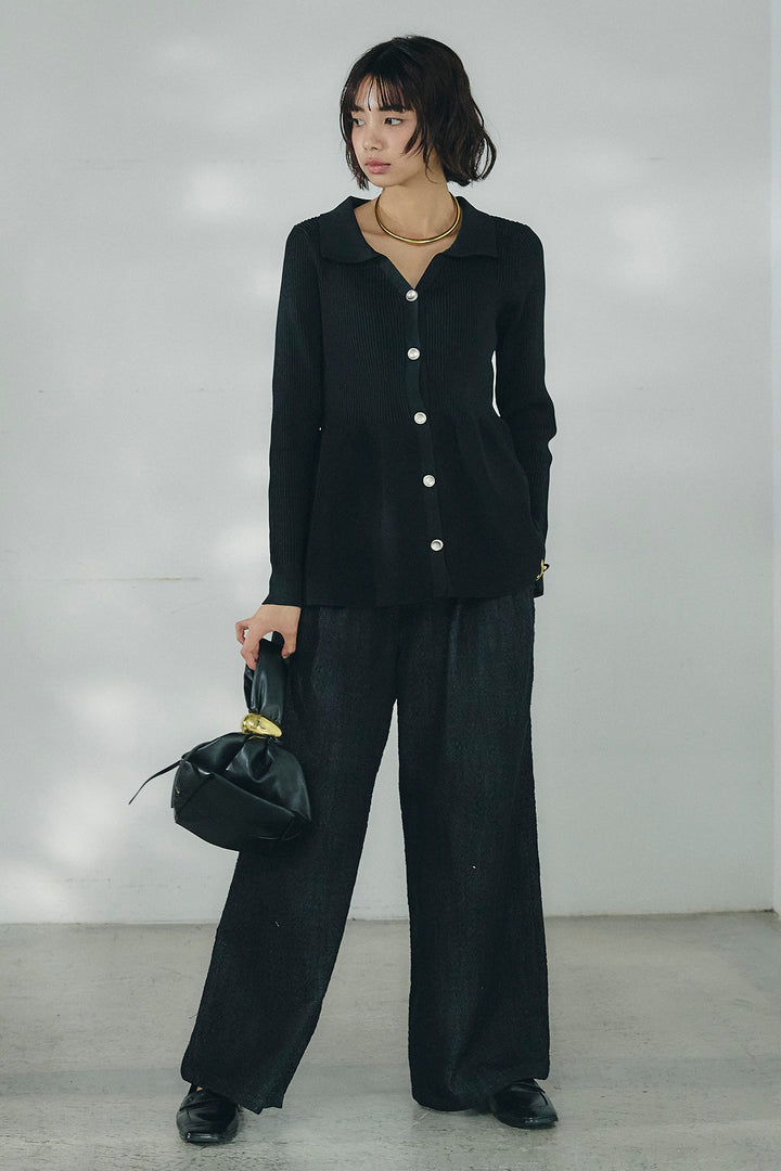 [SET]スキッパーペプラムニット+デニムライクヘリンボーンタックパンツ(2set)