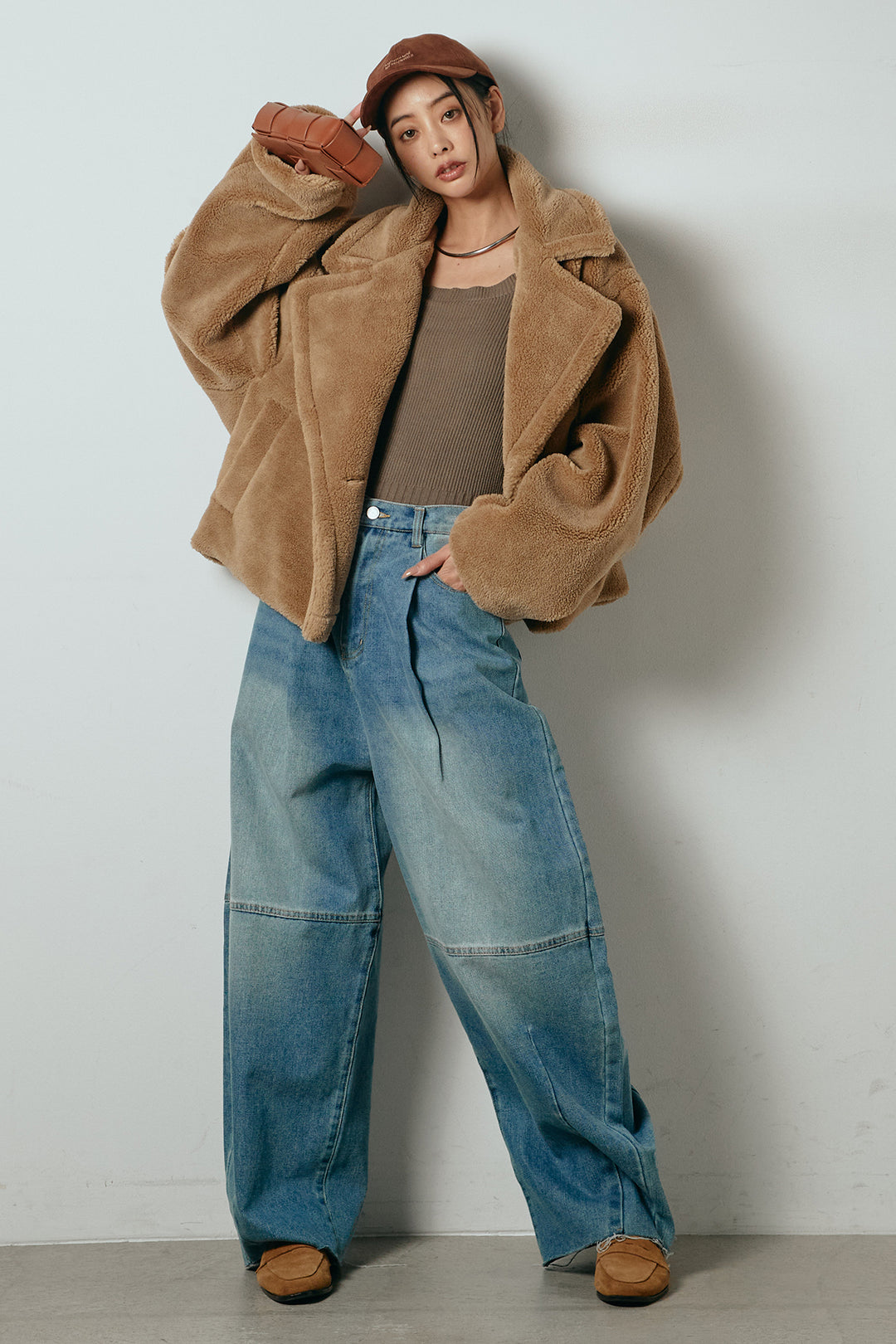 【2月中旬発送】
[SET]テディボアショートジャケット+加工デニムタックコクーンワイドパンツ(2set)