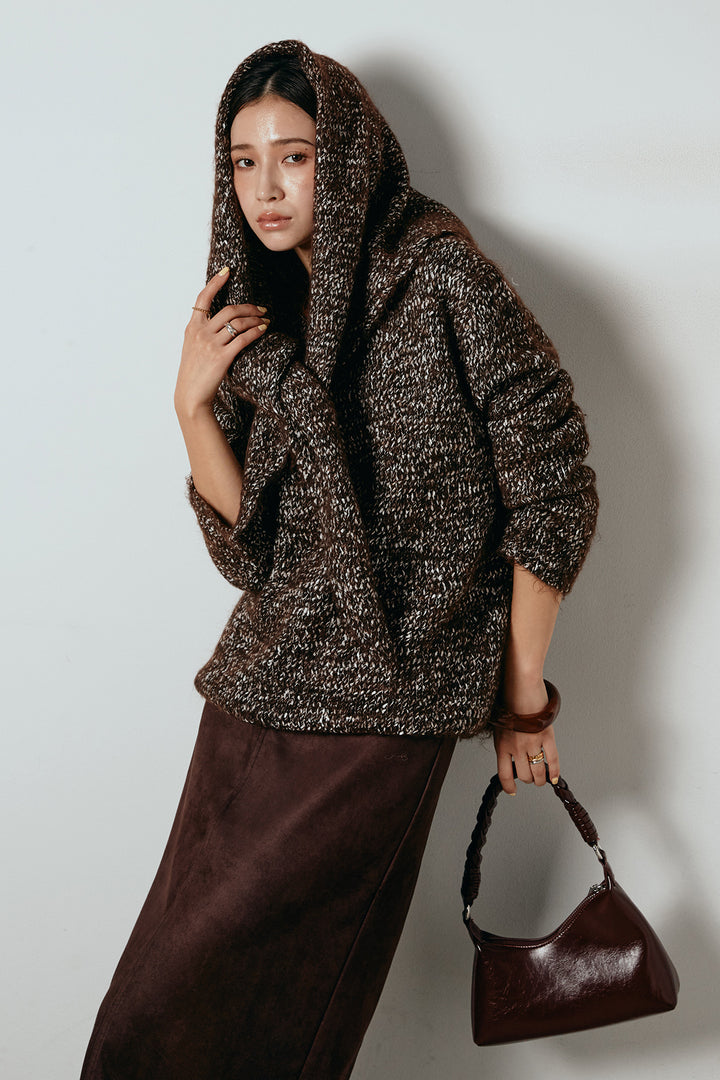 [SET]スカーフ付きミックスニットトップス+スウェードライク裾フリンジスカート(2set)