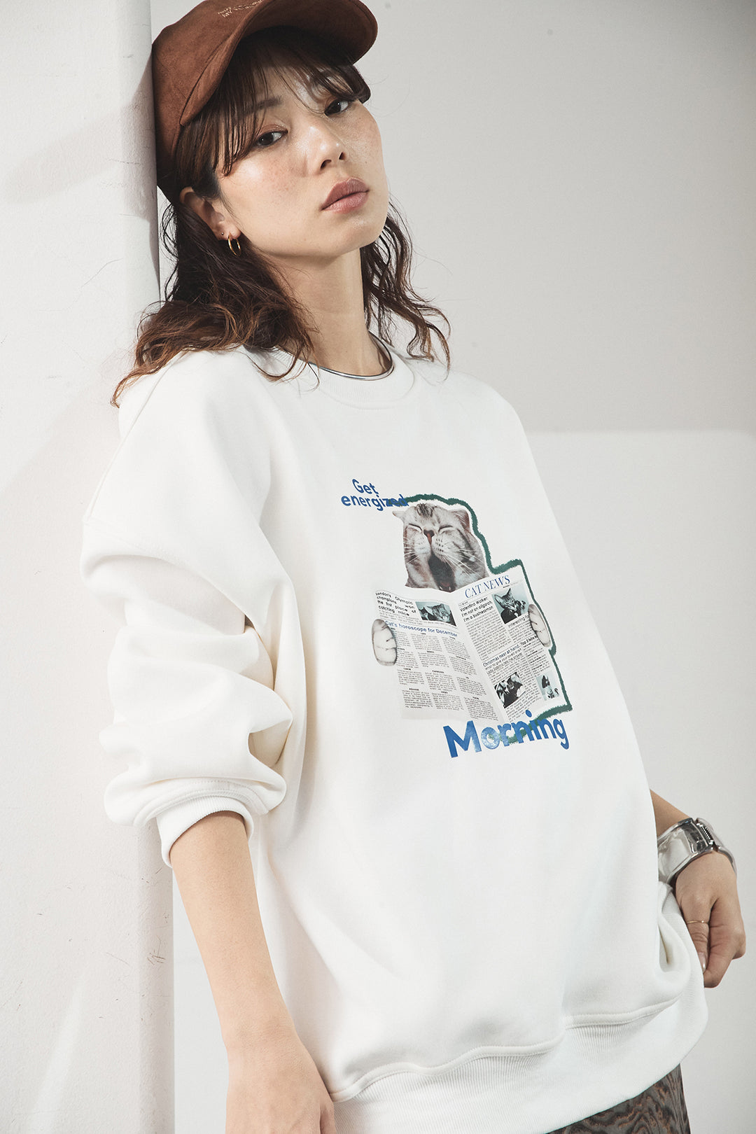 [SET]裏起毛モーニングキャットプリントスウェット+抽象柄ロングスカート(2set)