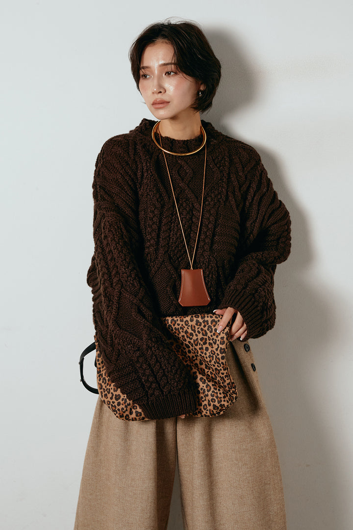 [SET]アラン柄ミックスケーブルニット+サイドボタンツイードタックパンツ(2set)