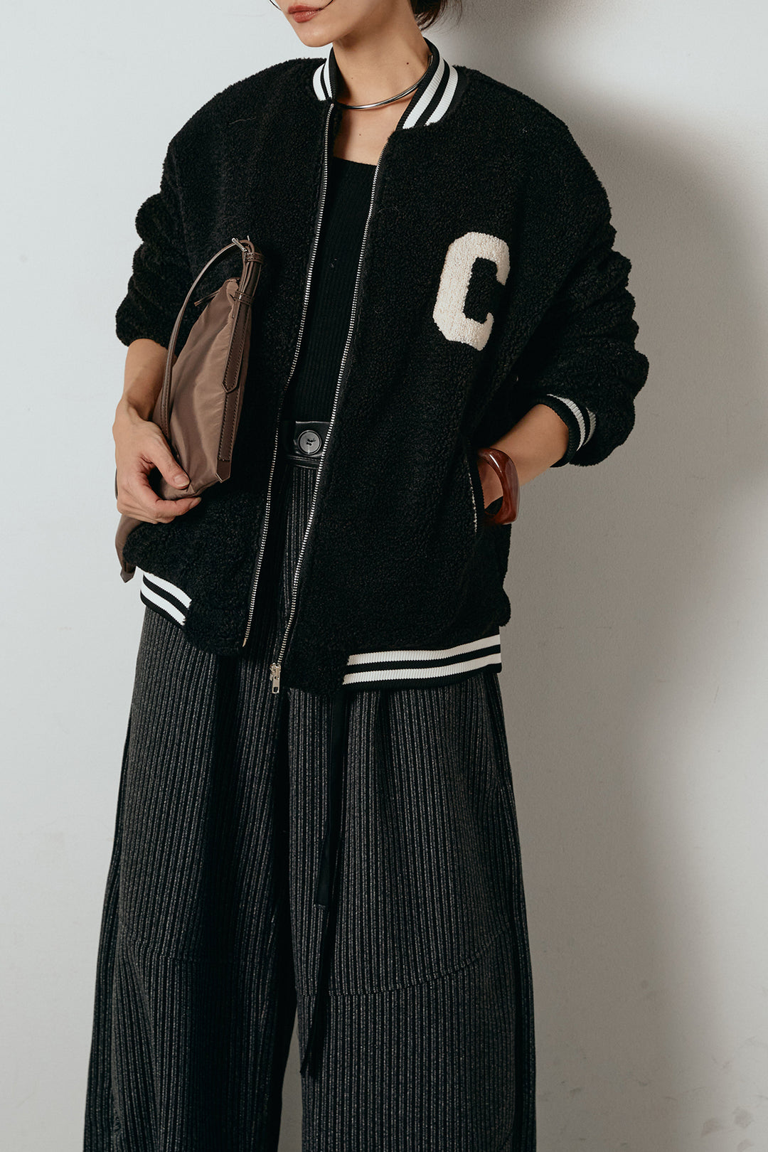 [SET]ロゴスタジャンボアブルゾン+レザーライク配色ストライプパンツ(2set)