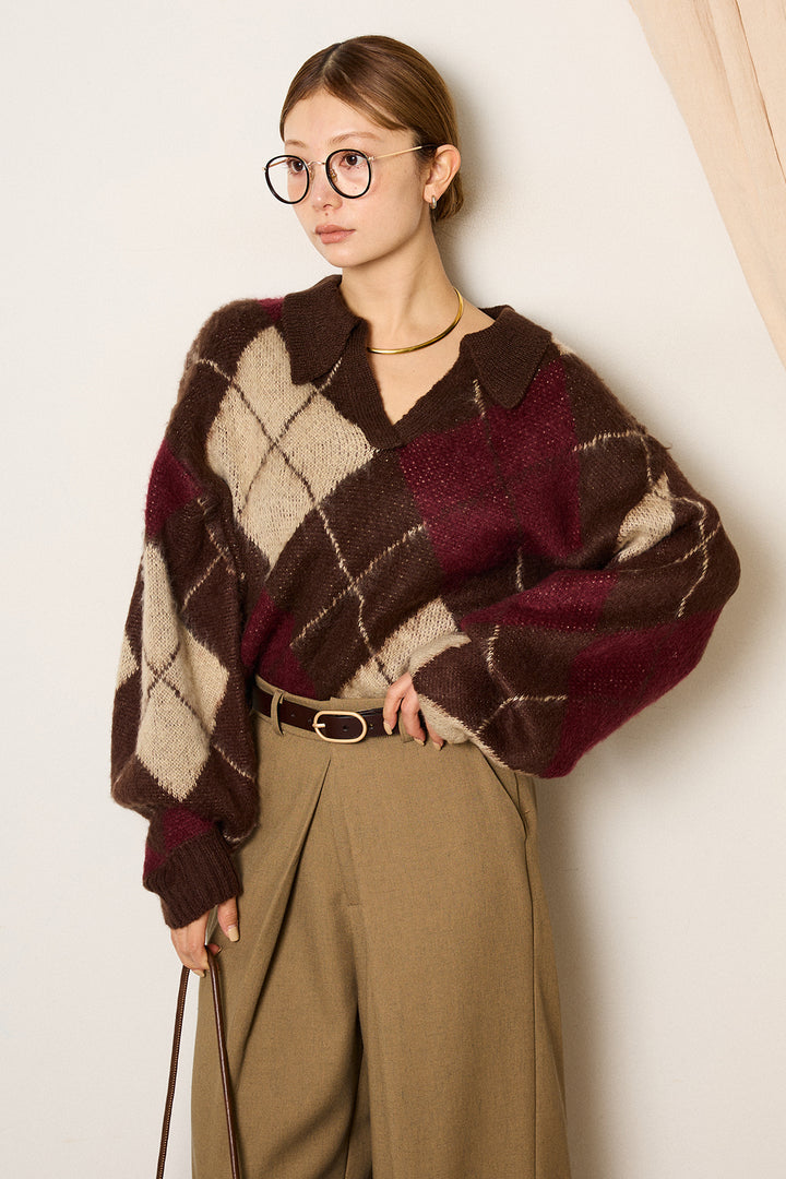 [SET]アクリルモヘアアーガイルキーネックプルオーバー+フロントワイドタックネップ入ワイドパンツ(2set)