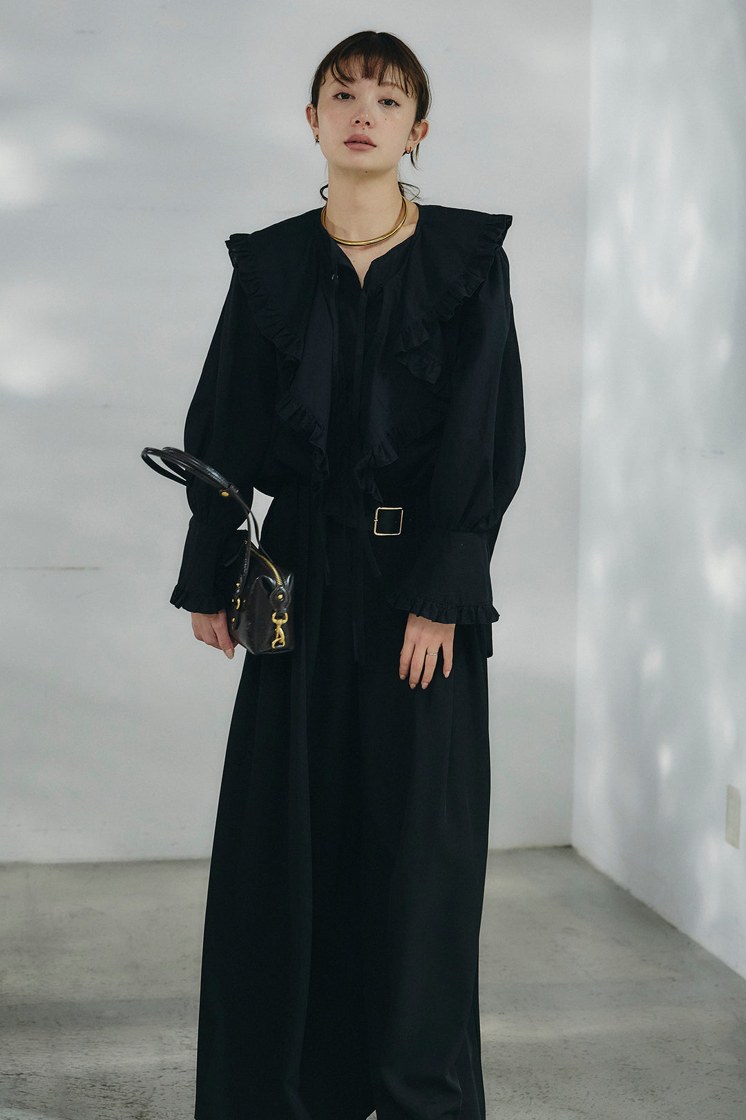 [SET]コットンフリルブラウス+ベルト付きタックデザインハイウエストロングパンツ(2set)