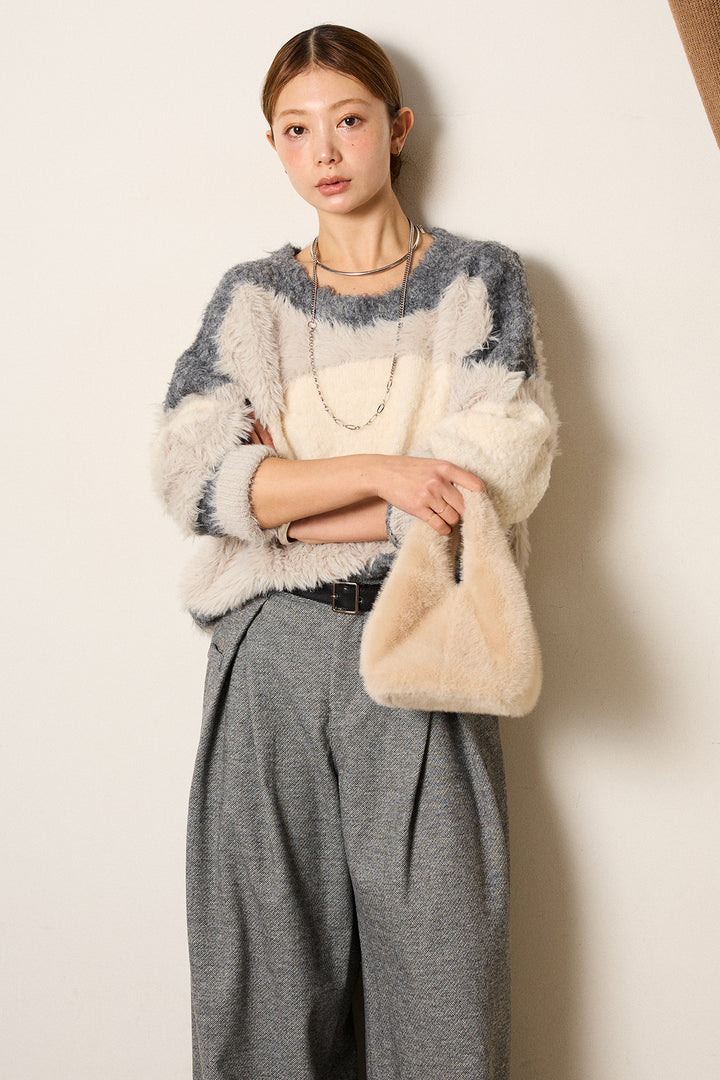 [SET]シャギーウェーブ柄クルーネックニットトップス+細ベルト付き起毛タックワイドパンツ(2set)