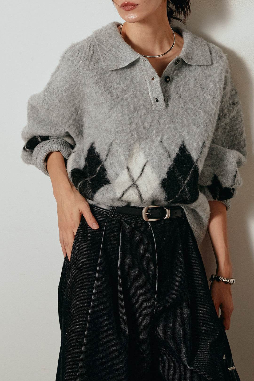 [SET]アーガイル柄ポロニットトップス+フロントタック入りコーデュロイパンツ(2set)