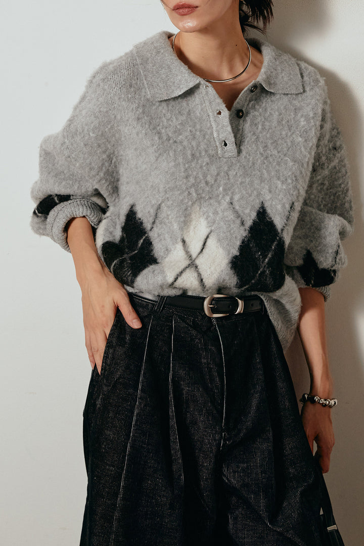 [SET]アーガイル柄ポロニットトップス+フロントタック入りコーデュロイパンツ(2set)