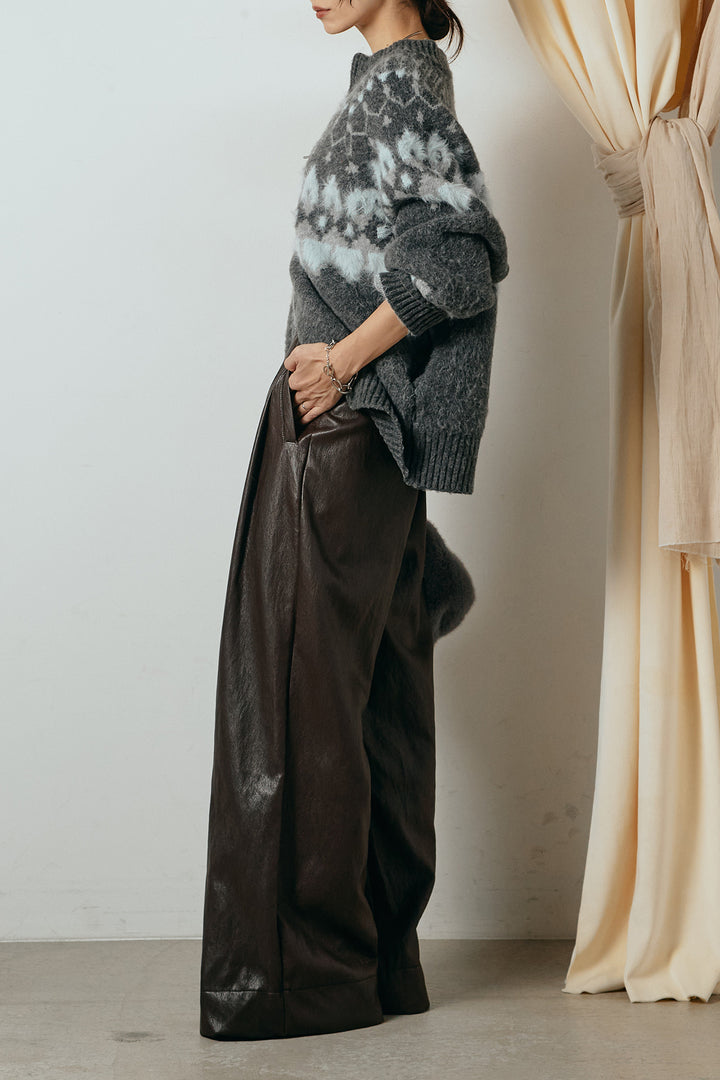 [SET]起毛ダブルジップパターンニットカーディガン+ベルト付きレザーライクタックパンツ(2set)