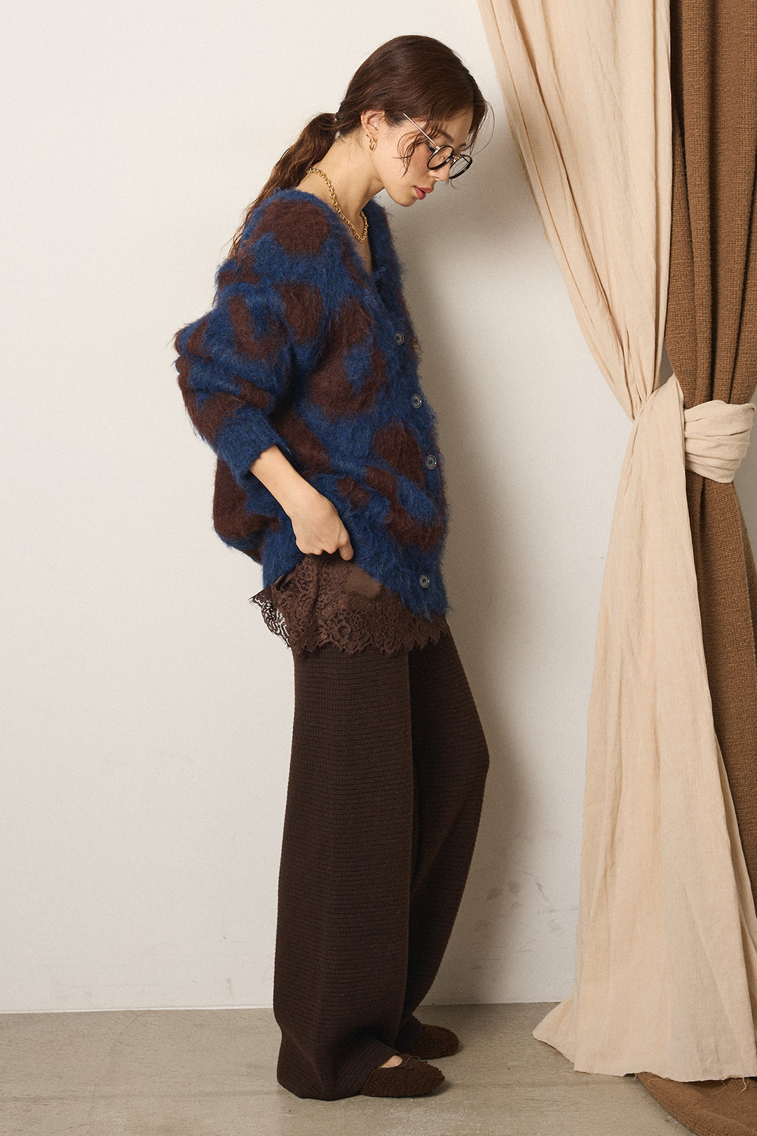 [SET]レオパードシャギータッチカーディガン+レースサテンキャミソール(2set)