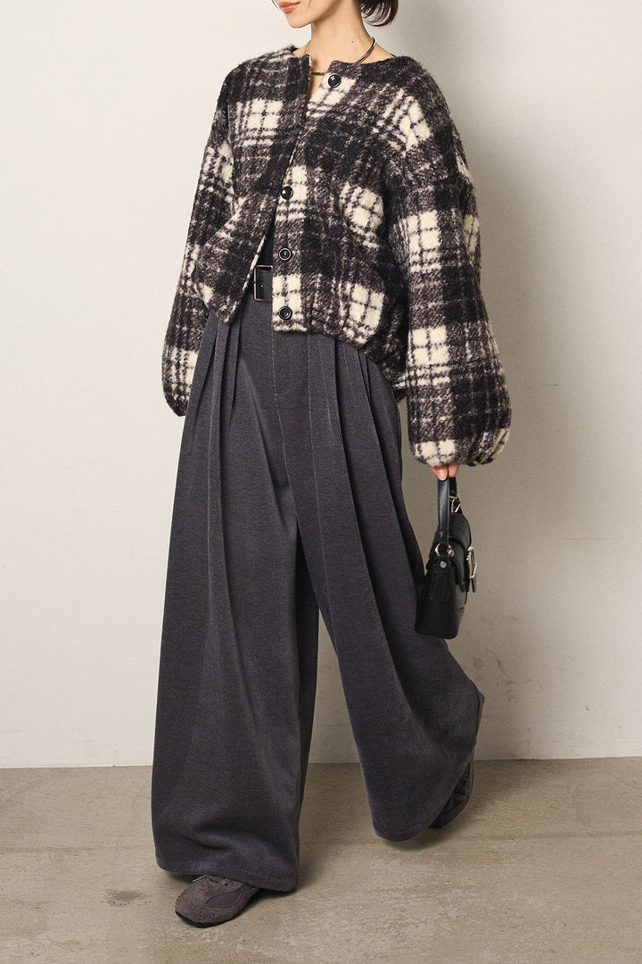 [SET]ノーカラーチェック柄ボアブルゾン+ベルトループコーデュロイワイドパンツ(2set)