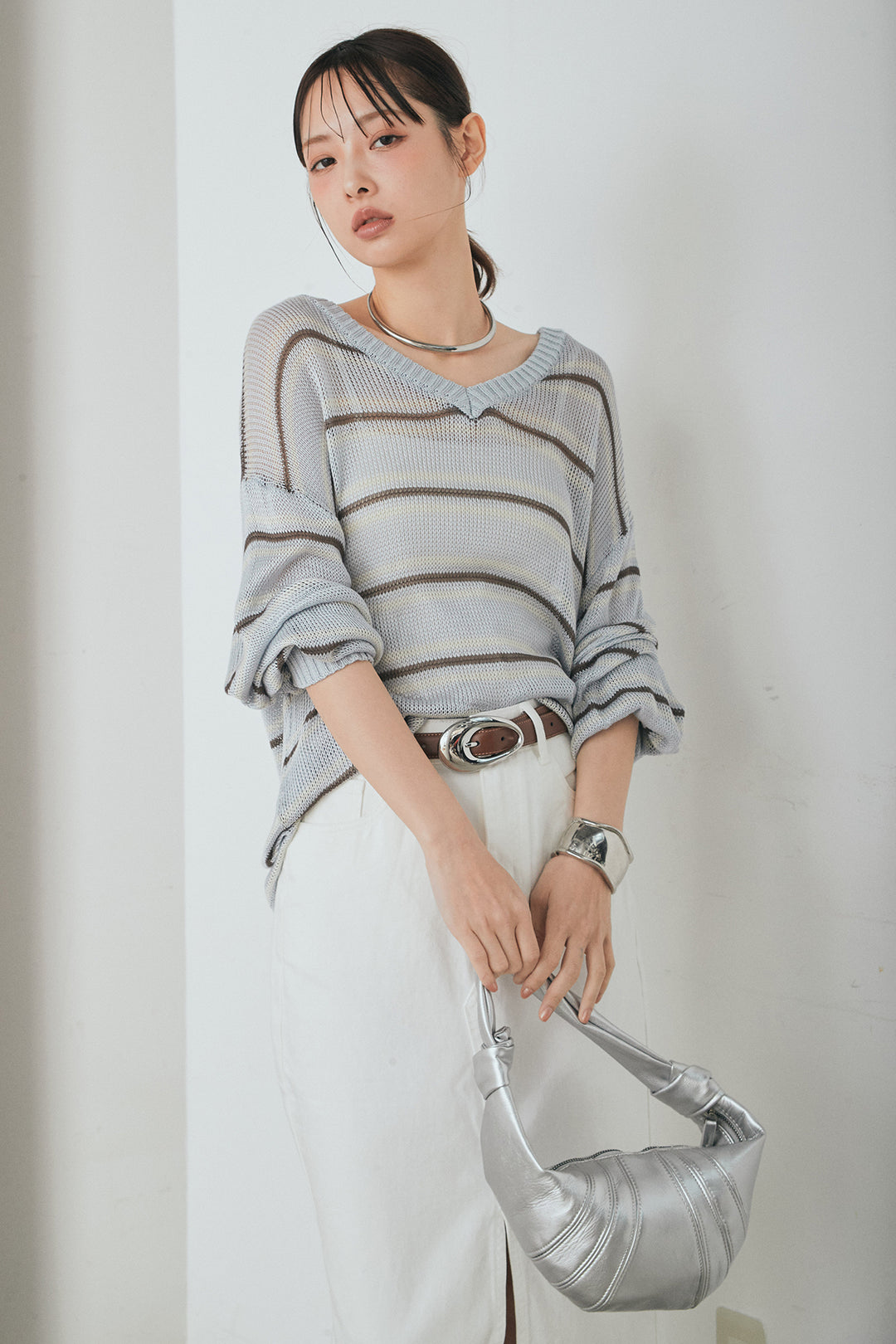 [SET]綿タッチVネックボーダートップス+裾レースデザインデニムスカート(2set)