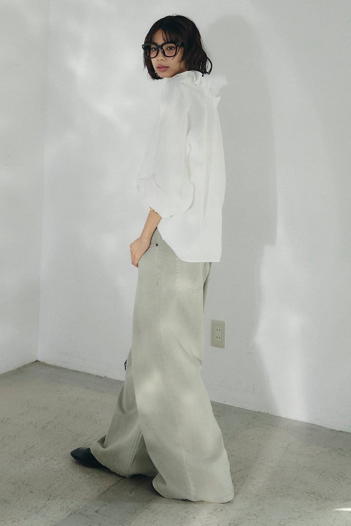 [SET]ネックフリルデザインブラウス+ウエスト裁ち切りデニムワイドパンツ(2set)