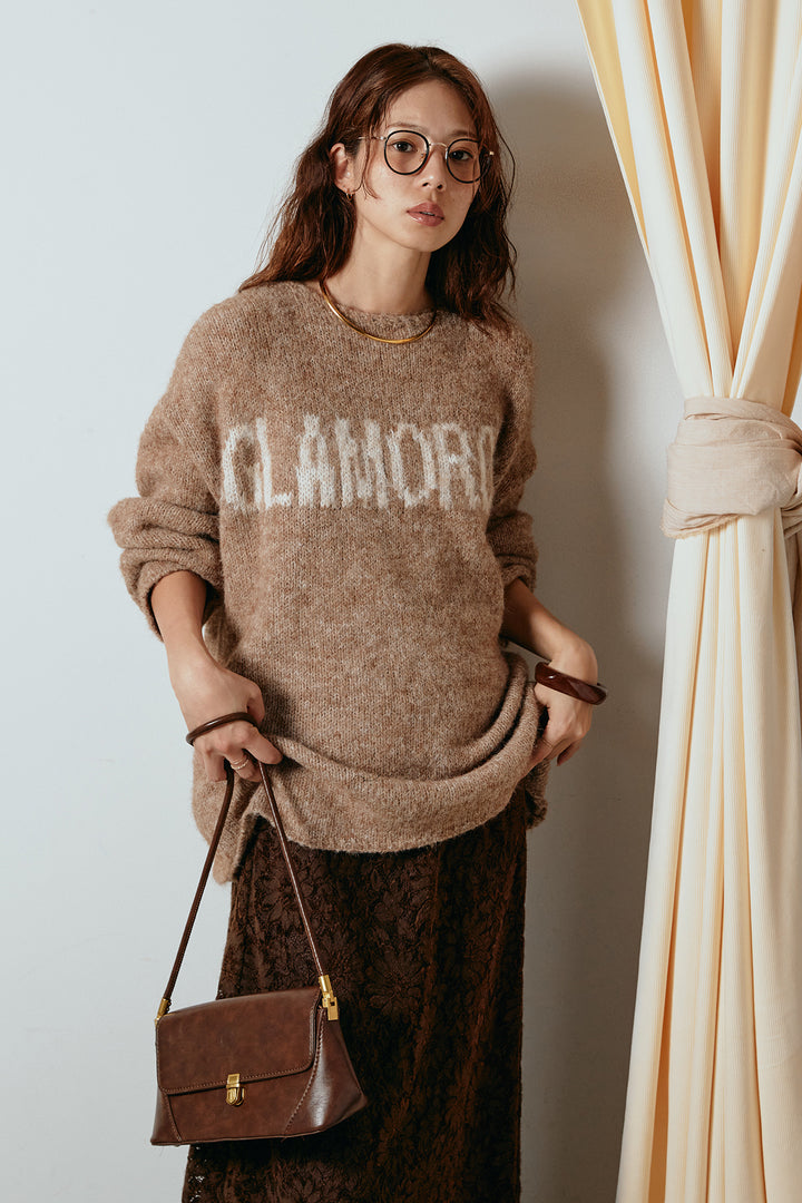 [SET]フロントロゴデザインニットトップス+花柄刺繍ベロアフレアスカート(2set)