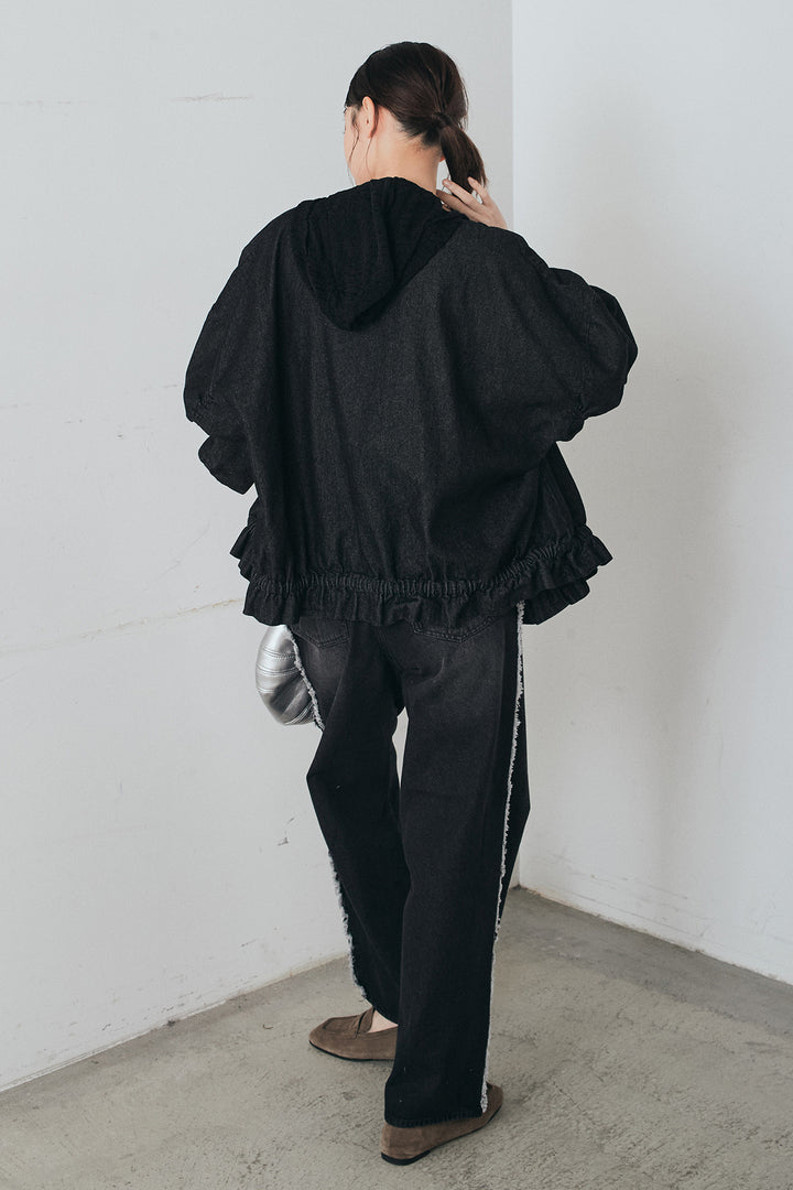 [SET]袖シャーリング裾フリルデニムブルゾン+デニムサイドフリルパンツ+ストレッチレースフーディサムホールプルオーバー(3set)