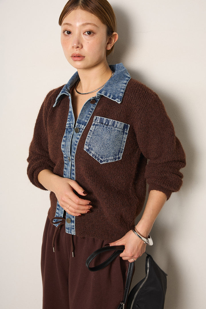 [SET]襟付きデニム切替ニットカーディガン+裏起毛スウェットワイドパンツ(2set)