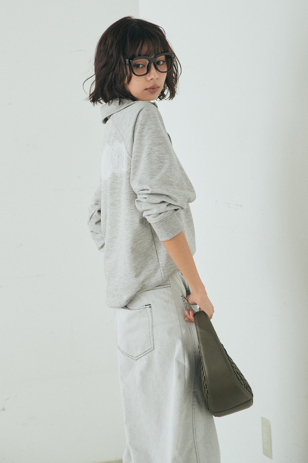 [SET]リバーレースハーフジップ裏毛スウェット+ツイル配色ステッチバレルパンツ(2set)