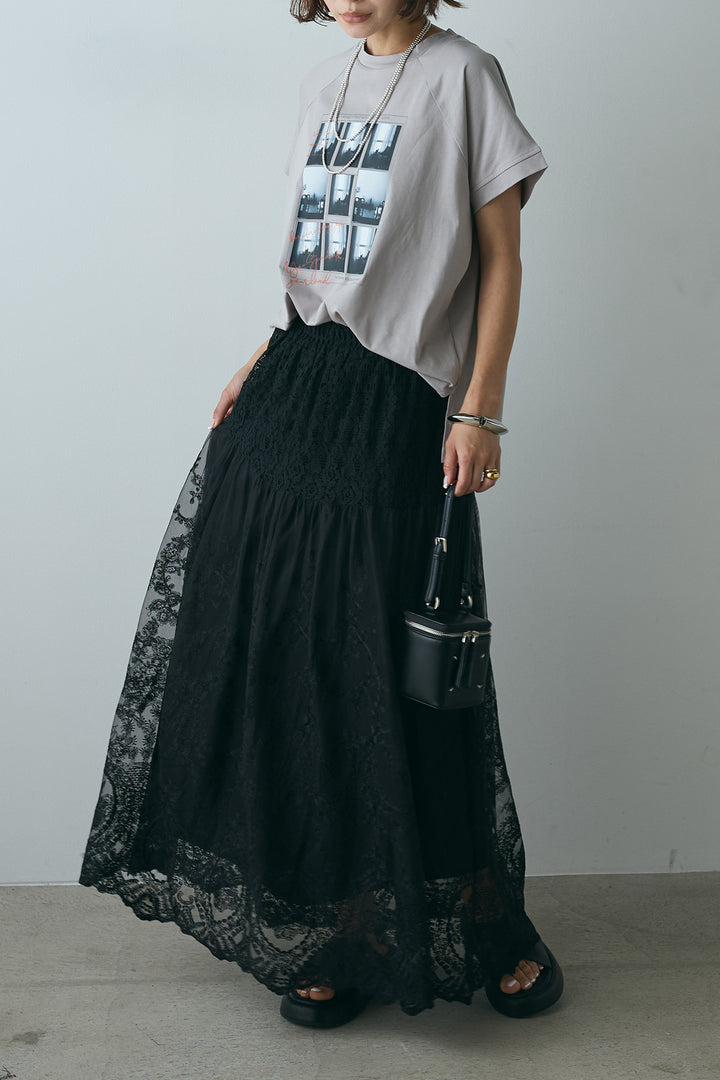 [SET]フォトプリントラグランTシャツ+ミックスレース刺繍スカート(2set)